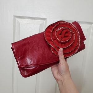 High Fashion red glossy leather suede clutch bag rose flower zipper handbag
